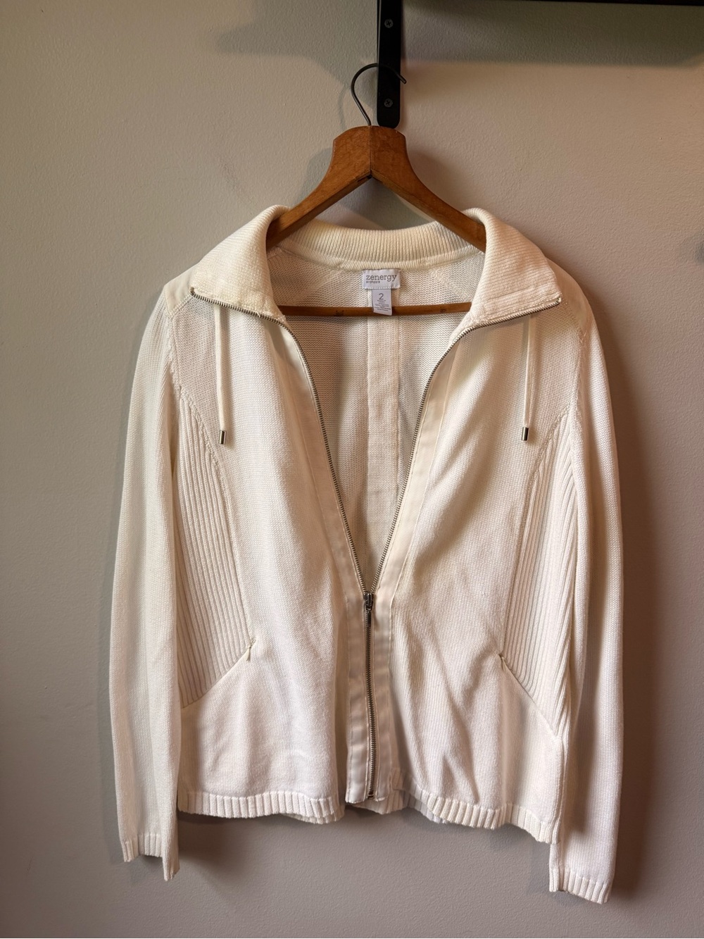 Zenergy by Chico’s Ivory Zip Front Knit Jacket Sweater – Size 2 (L)